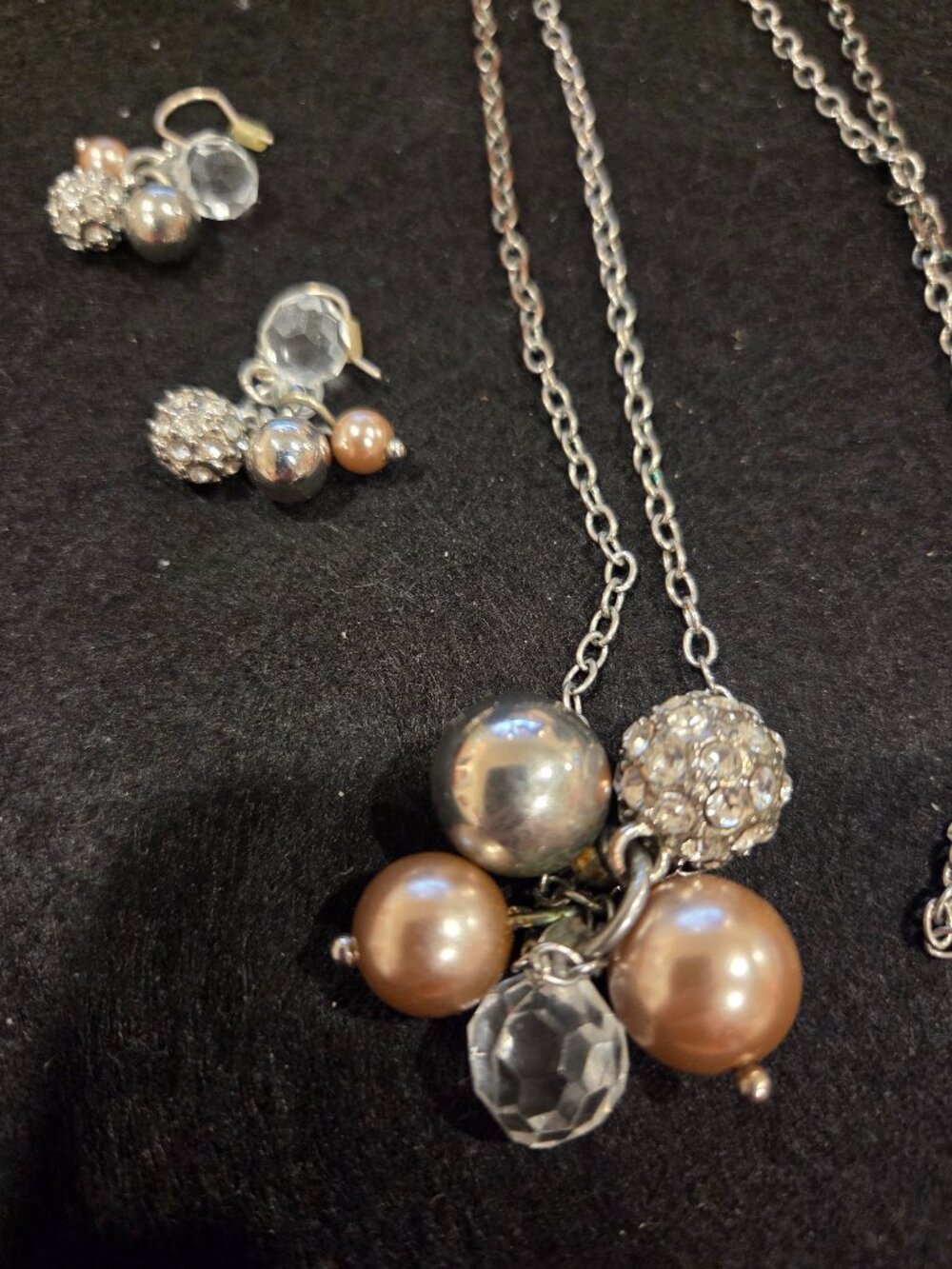 J.Crew Silvertone pave CZ, crystal ball pendant necklace 28" & Earrings